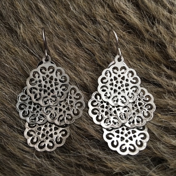 Silver tone dangle scroll disc fish hook earrings - Picture 2 of 3